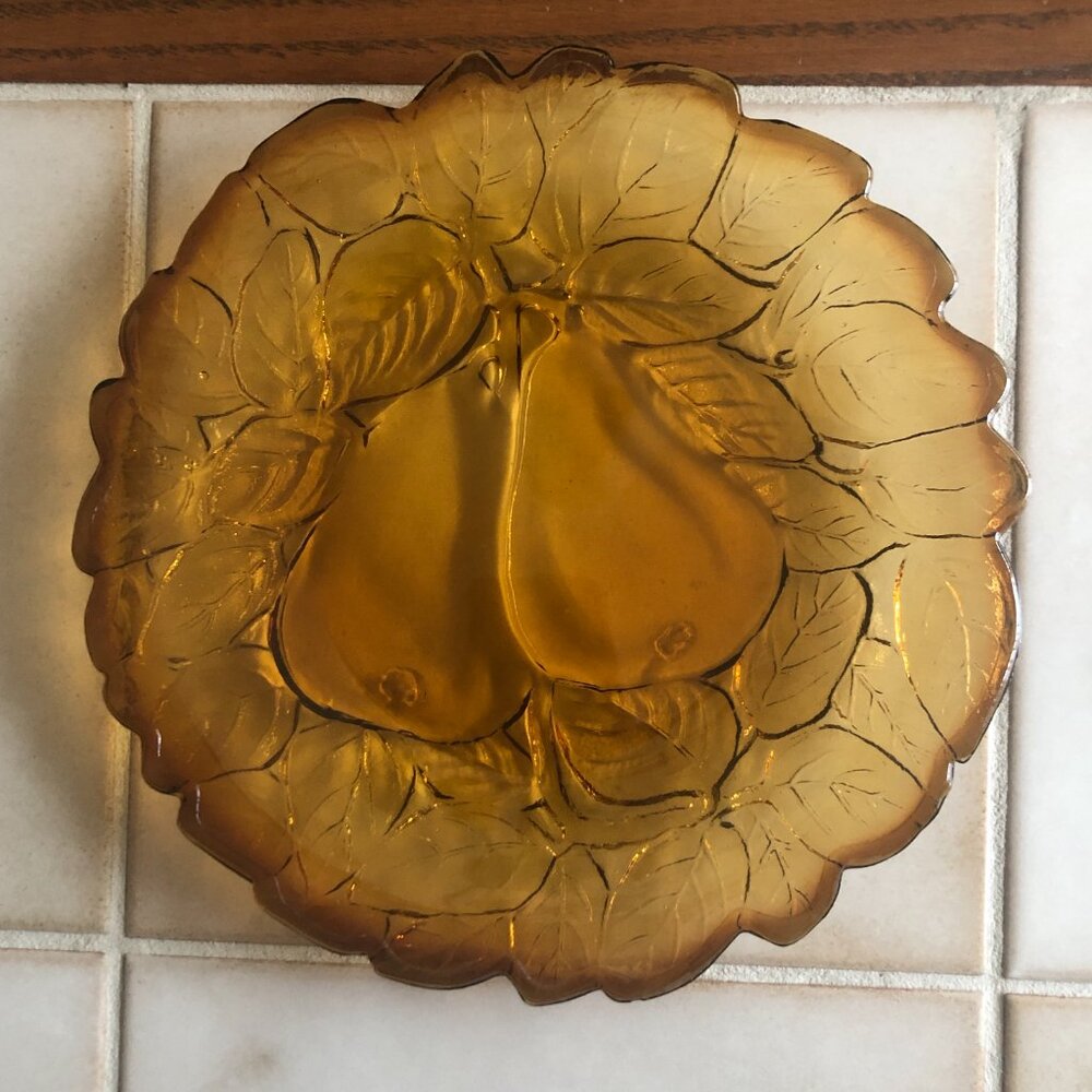 Indiana Glass Amber Pear Dish | Pressed Glass Fruit Pattern | Serving Plate - Picture 2 of 7